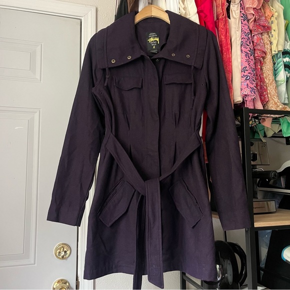 STUSSY vintage women’s dark plum purple wool cinched waist long line coat